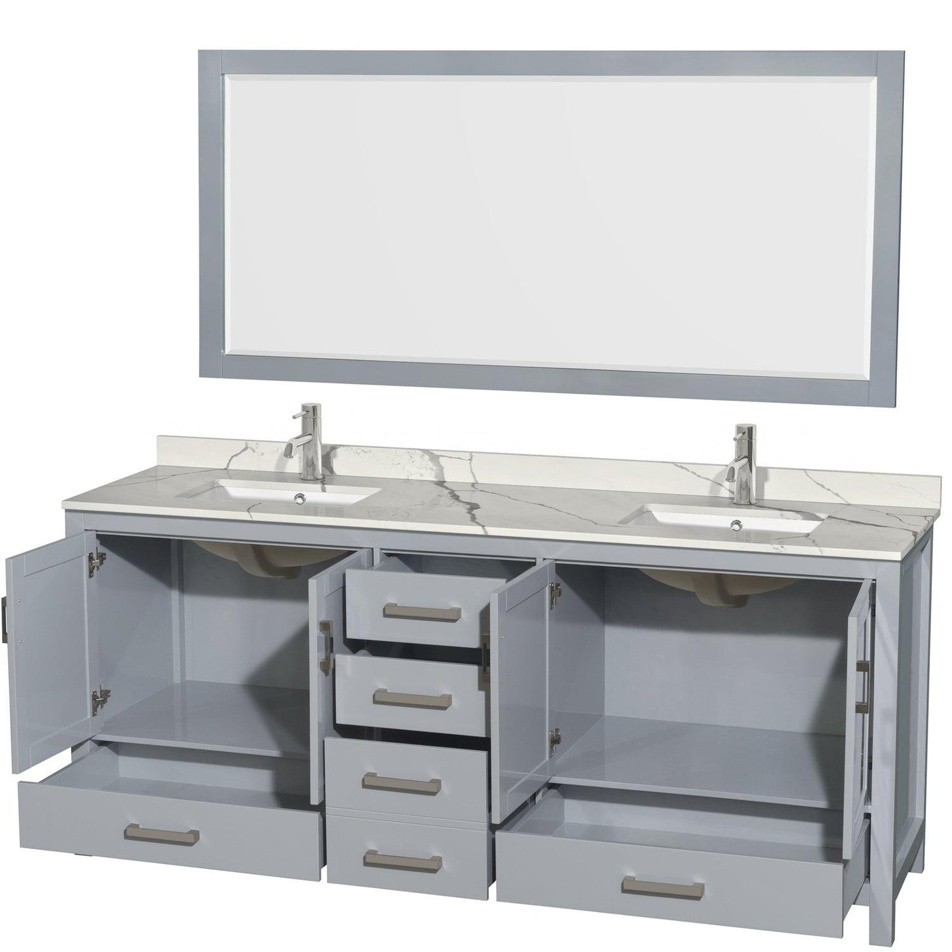 Wyndham Collection Sheffield 80" Double Bathroom Vanity in Gray, Calacatta Quartz Countertop, Undermount Square Sinks, 70" Mirror
