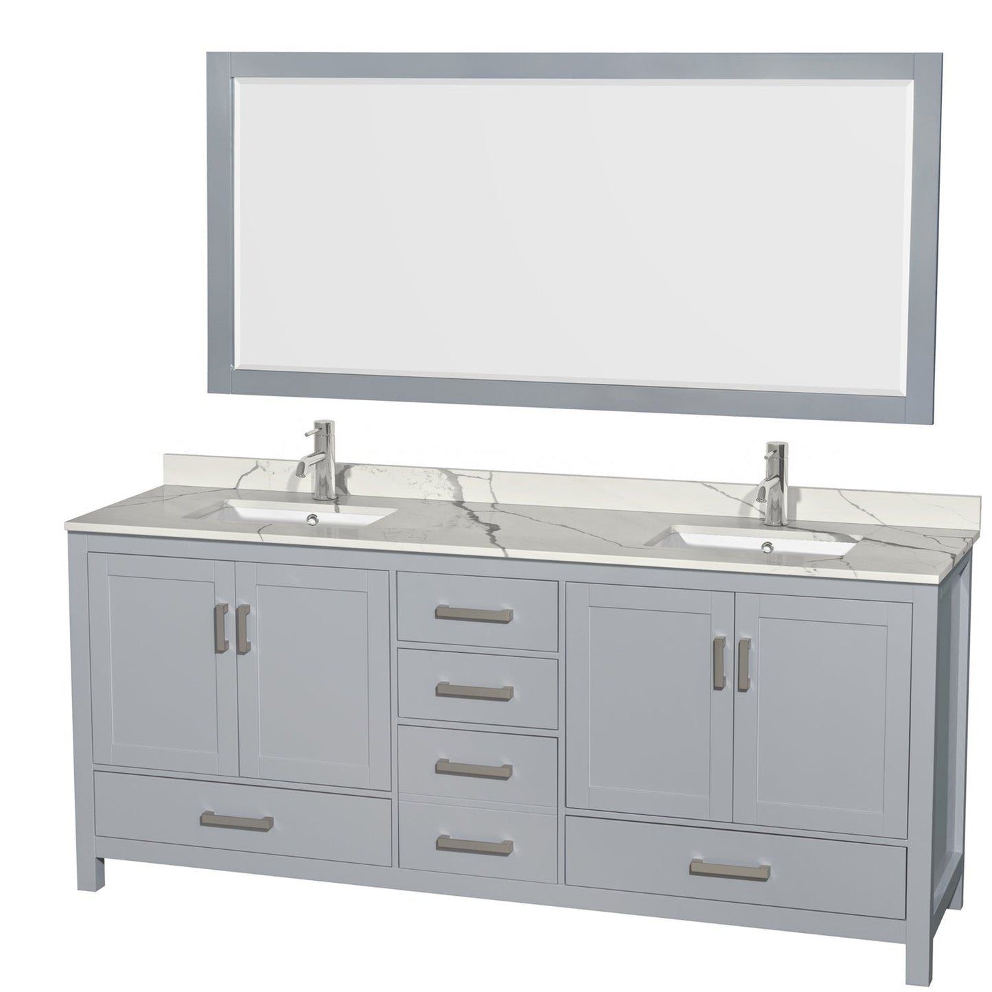 Wyndham Collection Sheffield 80" Double Bathroom Vanity in Gray, Calacatta Quartz Countertop, Undermount Square Sinks, 70" Mirror