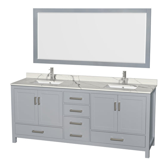 Wyndham Collection Sheffield 80" Double Bathroom Vanity in Gray, Calacatta Quartz Countertop, Undermount Square Sinks, 70" Mirror