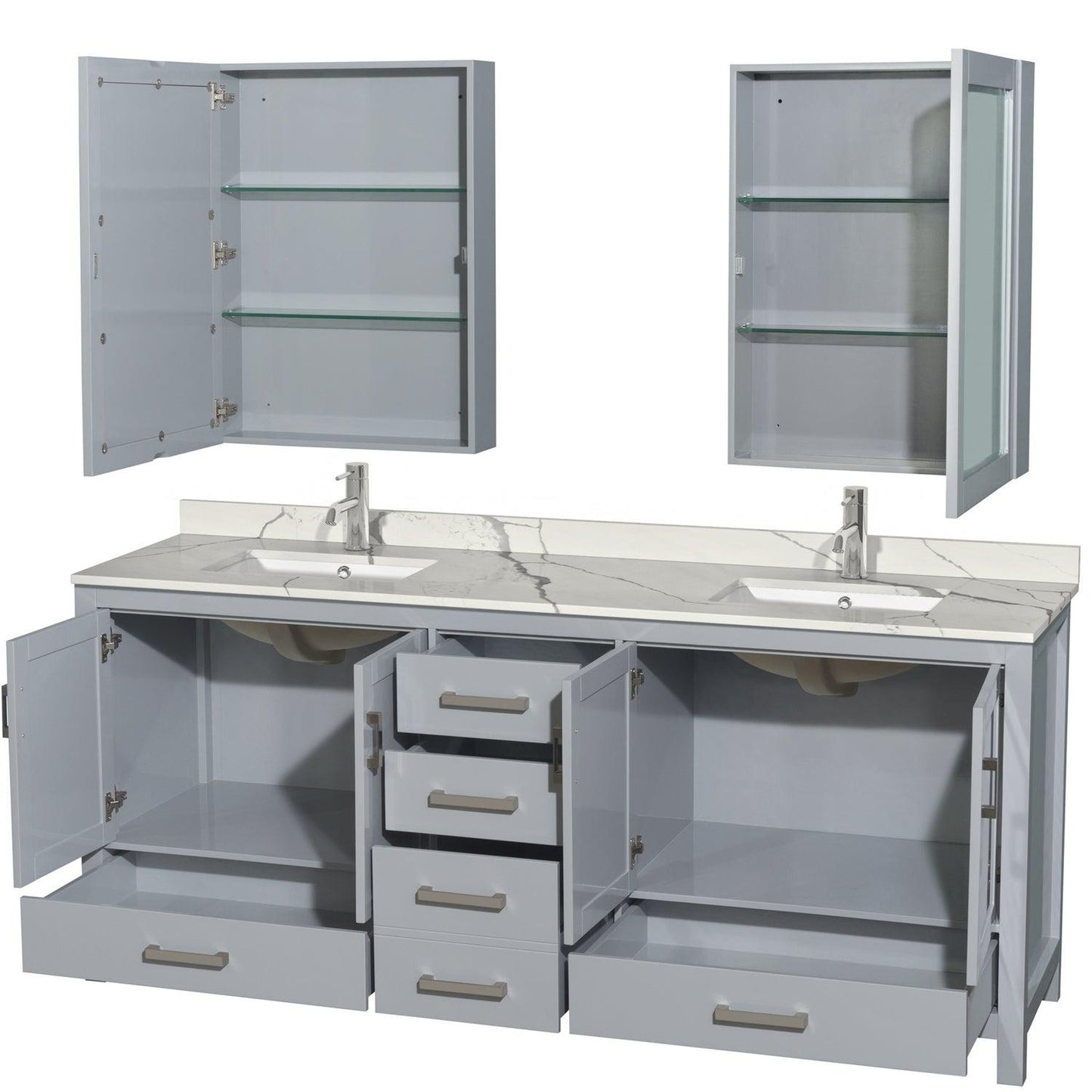 Wyndham Collection Sheffield 80" Double Bathroom Vanity in Gray, Calacatta Quartz Countertop, Undermount Square Sinks, Medicine Cabinet