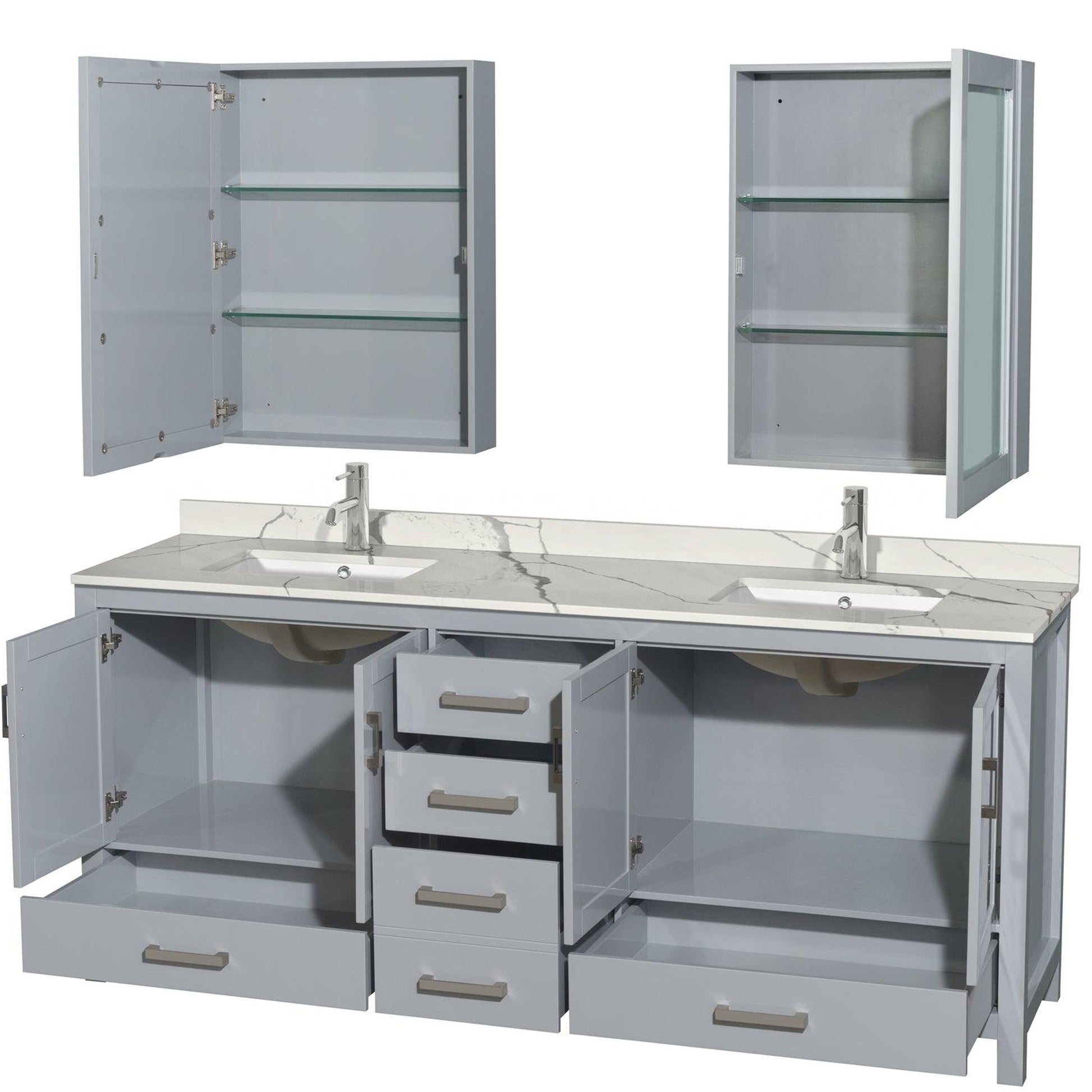 Wyndham Collection Sheffield 80" Double Bathroom Vanity in Gray, Calacatta Quartz Countertop, Undermount Square Sinks, Medicine Cabinet