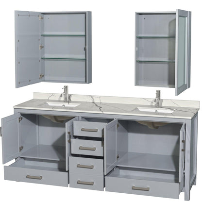 Wyndham Collection Sheffield 80" Double Bathroom Vanity in Gray, Calacatta Quartz Countertop, Undermount Square Sinks, Medicine Cabinet