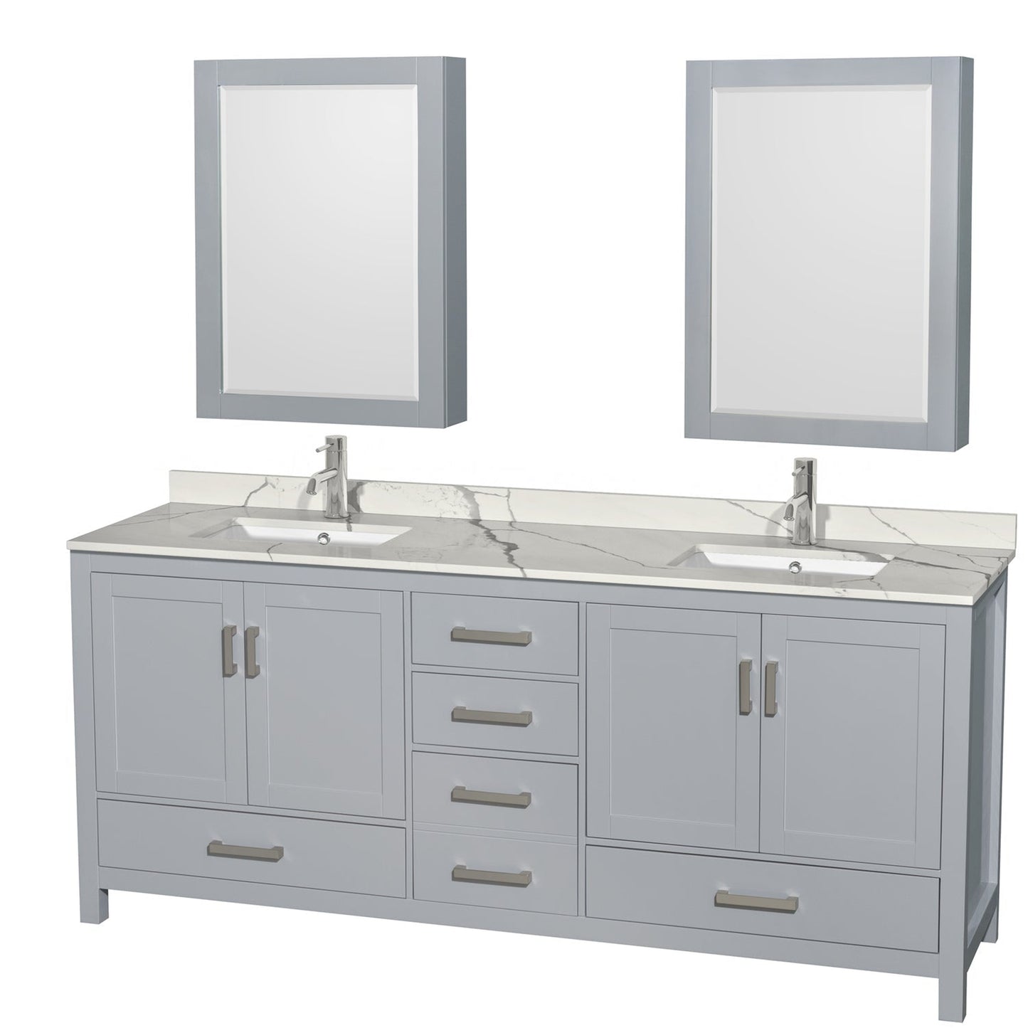 Wyndham Collection Sheffield 80" Double Bathroom Vanity in Gray, Calacatta Quartz Countertop, Undermount Square Sinks, Medicine Cabinet