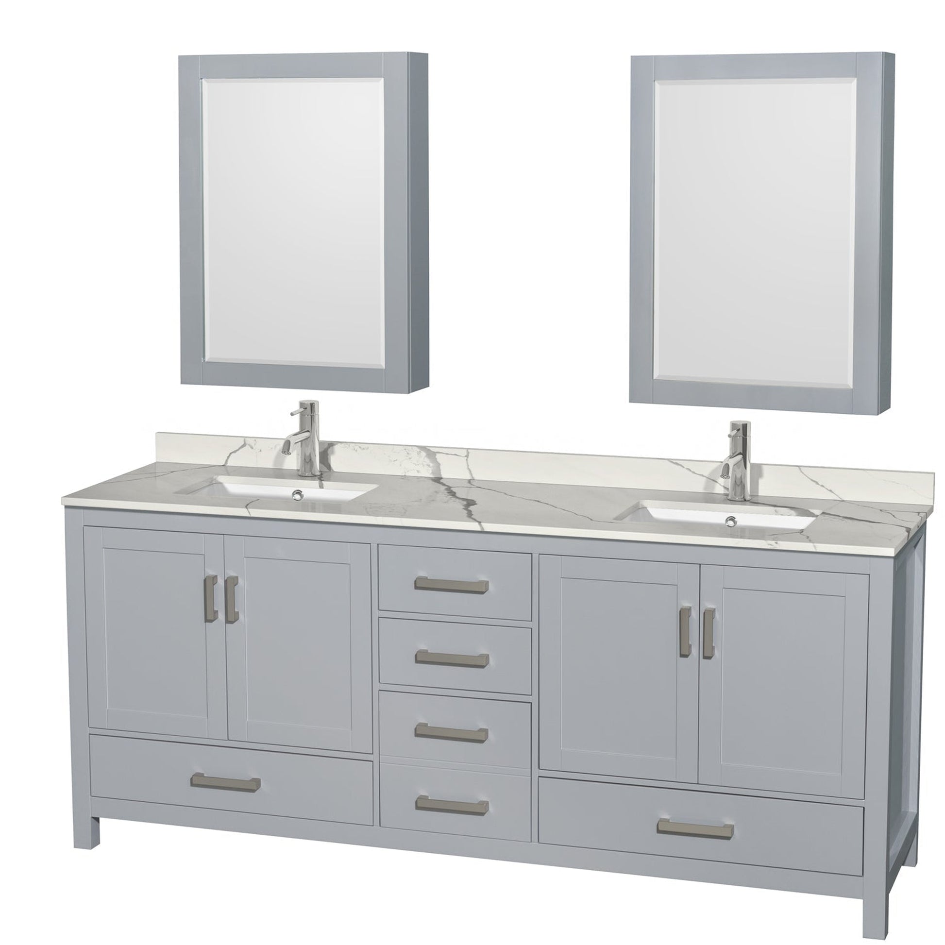 Wyndham Collection Sheffield 80" Double Bathroom Vanity in Gray, Calacatta Quartz Countertop, Undermount Square Sinks, Medicine Cabinet