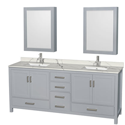 Wyndham Collection Sheffield 80" Double Bathroom Vanity in Gray, Calacatta Quartz Countertop, Undermount Square Sinks, Medicine Cabinet