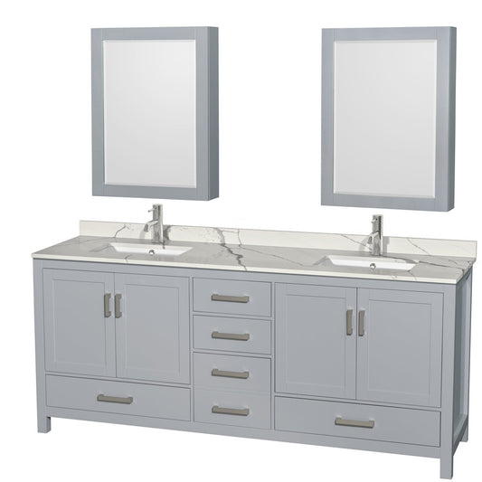 Wyndham Collection Sheffield 80" Double Bathroom Vanity in Gray, Calacatta Quartz Countertop, Undermount Square Sinks, Medicine Cabinet