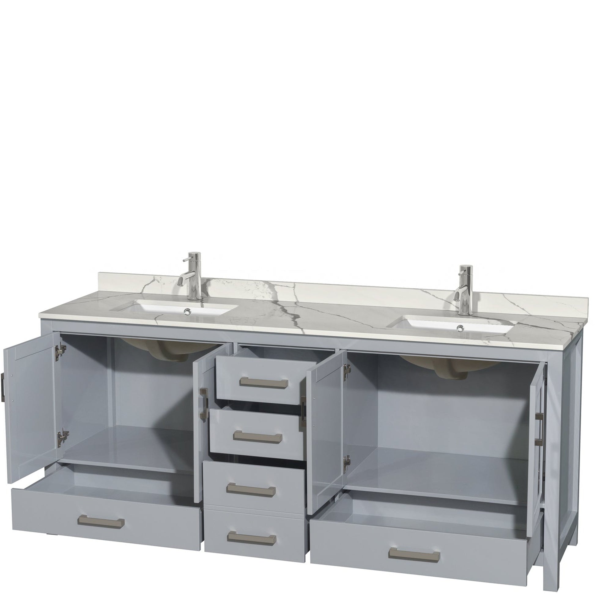 Wyndham Collection Sheffield 80" Double Bathroom Vanity in Gray, Calacatta Quartz Countertop, Undermount Square Sinks, No Mirror