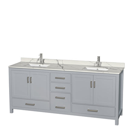 Wyndham Collection Sheffield 80" Double Bathroom Vanity in Gray, Calacatta Quartz Countertop, Undermount Square Sinks, No Mirror