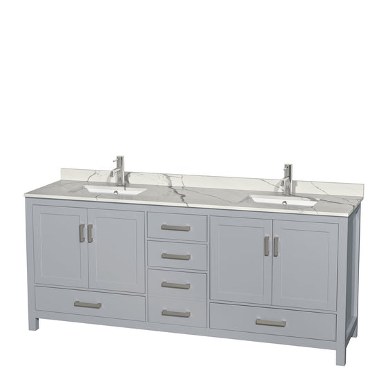 Wyndham Collection Sheffield 80" Double Bathroom Vanity in Gray, Calacatta Quartz Countertop, Undermount Square Sinks, No Mirror