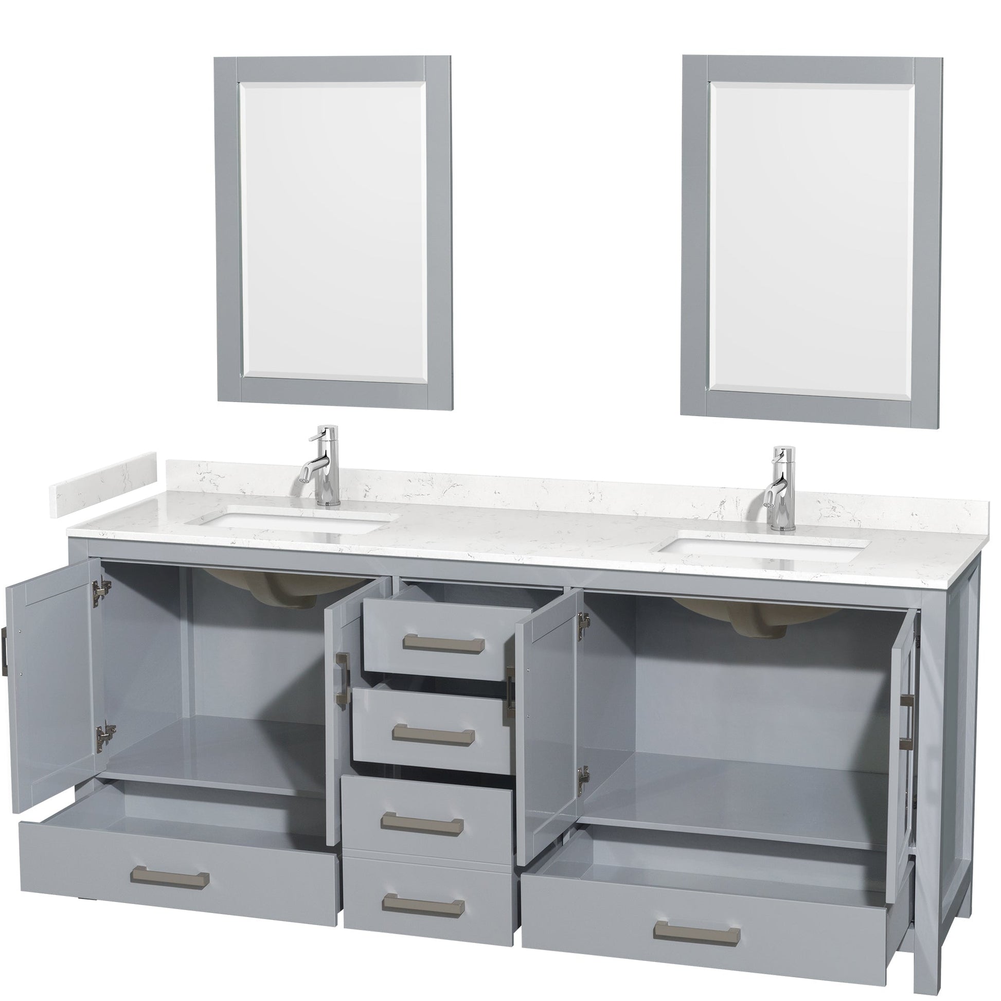 Wyndham Collection Sheffield 80" Double Bathroom Vanity in Gray, Carrara Cultured Marble Countertop, Undermount Square Sinks, 24" Mirror