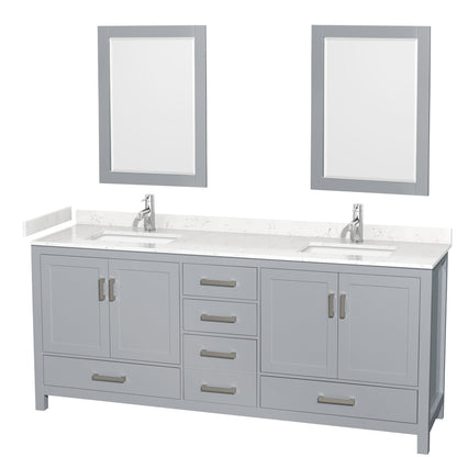 Wyndham Collection Sheffield 80" Double Bathroom Vanity in Gray, Carrara Cultured Marble Countertop, Undermount Square Sinks, 24" Mirror