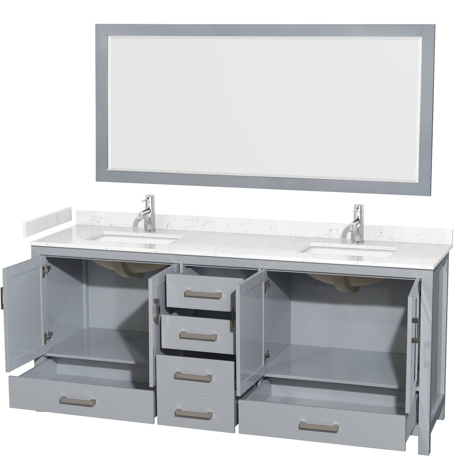 Wyndham Collection Sheffield 80" Double Bathroom Vanity in Gray, Carrara Cultured Marble Countertop, Undermount Square Sinks, 70" Mirror