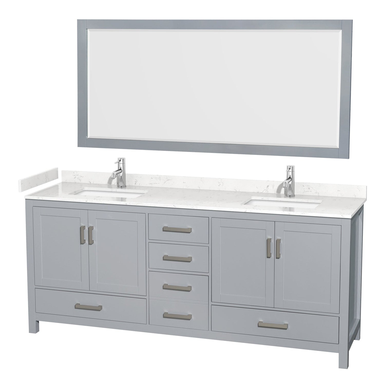 Wyndham Collection Sheffield 80" Double Bathroom Vanity in Gray, Carrara Cultured Marble Countertop, Undermount Square Sinks, 70" Mirror
