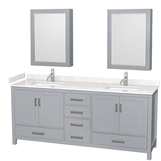 Wyndham Collection Sheffield 80" Double Bathroom Vanity in Gray, Carrara Cultured Marble Countertop, Undermount Square Sinks, Medicine Cabinet