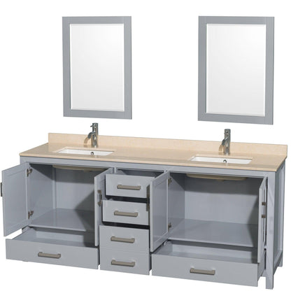 Wyndham Collection Sheffield 80" Double Bathroom Vanity in Gray, Ivory Marble Countertop, Undermount Square Sinks, and 24" Mirror