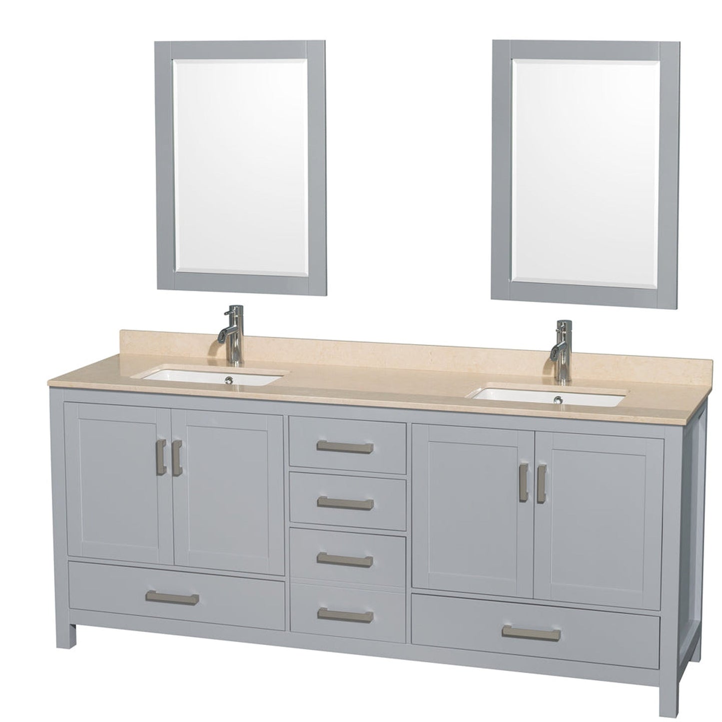 Wyndham Collection Sheffield 80" Double Bathroom Vanity in Gray, Ivory Marble Countertop, Undermount Square Sinks, and 24" Mirror