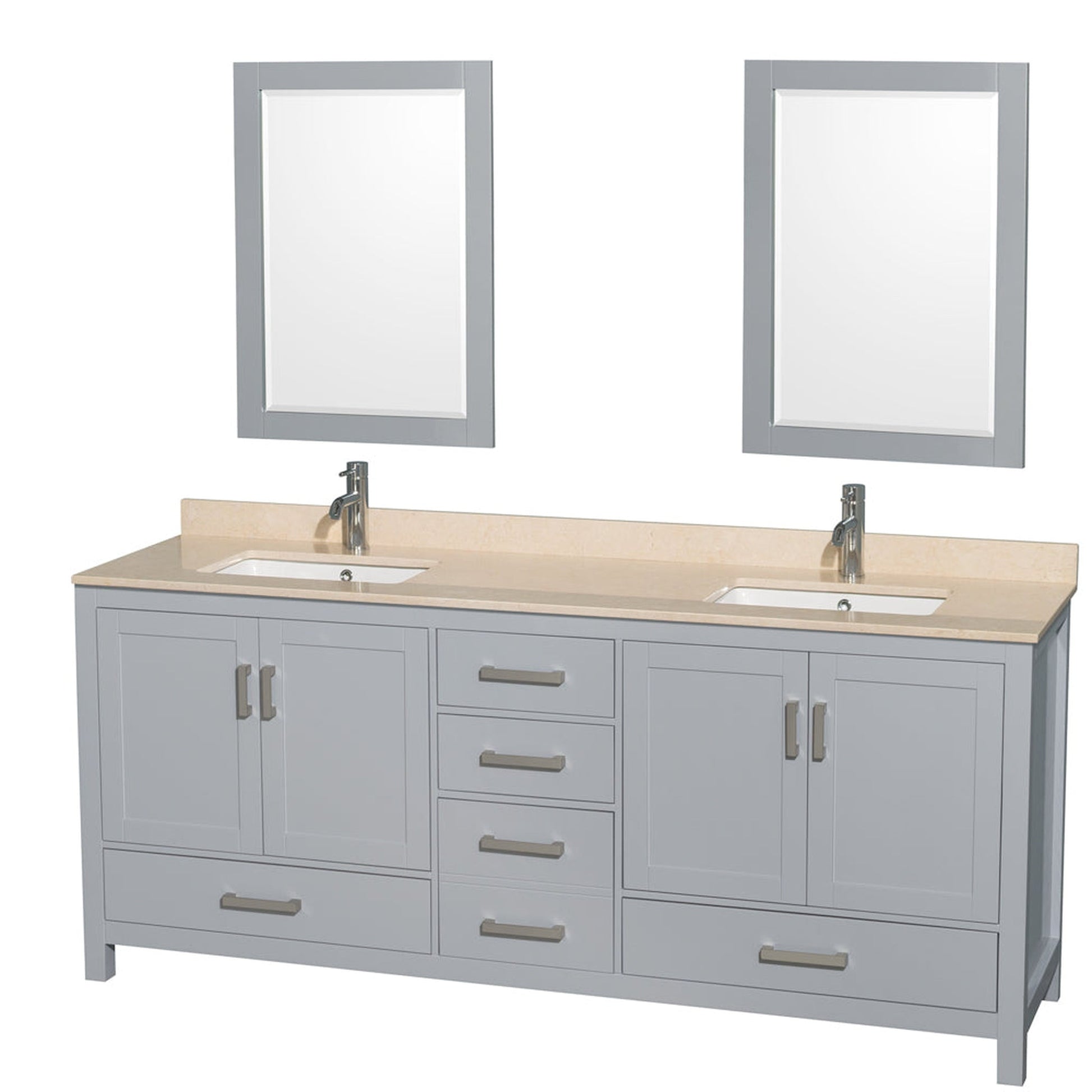 Wyndham Collection Sheffield 80" Double Bathroom Vanity in Gray, Ivory Marble Countertop, Undermount Square Sinks, and 24" Mirror