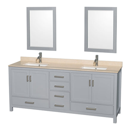 Wyndham Collection Sheffield 80" Double Bathroom Vanity in Gray, Ivory Marble Countertop, Undermount Square Sinks, and 24" Mirror