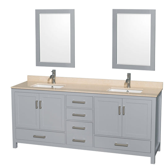 Wyndham Collection Sheffield 80" Double Bathroom Vanity in Gray, Ivory Marble Countertop, Undermount Square Sinks, and 24" Mirror