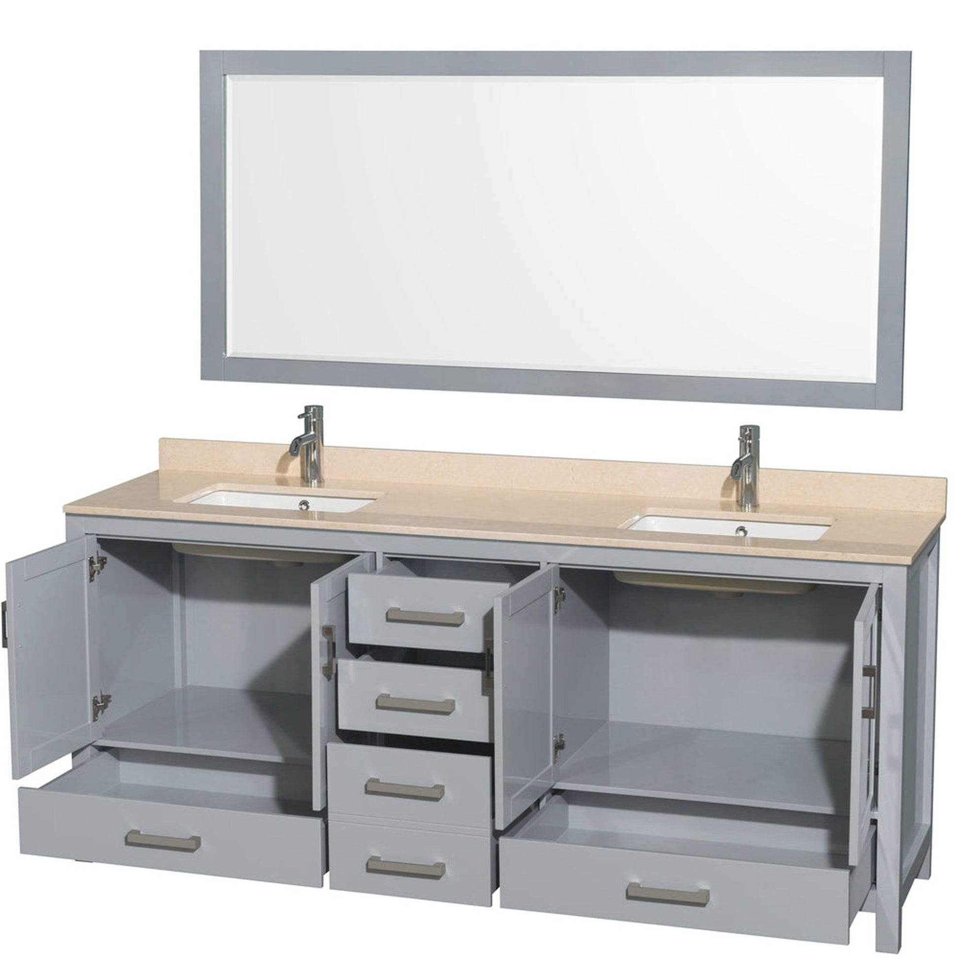 Wyndham Collection Sheffield 80" Double Bathroom Vanity in Gray, Ivory Marble Countertop, Undermount Square Sinks, and 70" Mirror