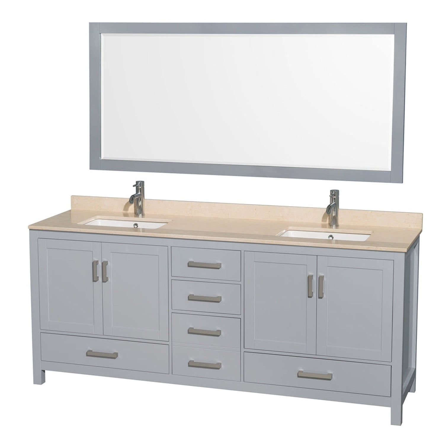 Wyndham Collection Sheffield 80" Double Bathroom Vanity in Gray, Ivory Marble Countertop, Undermount Square Sinks, and 70" Mirror