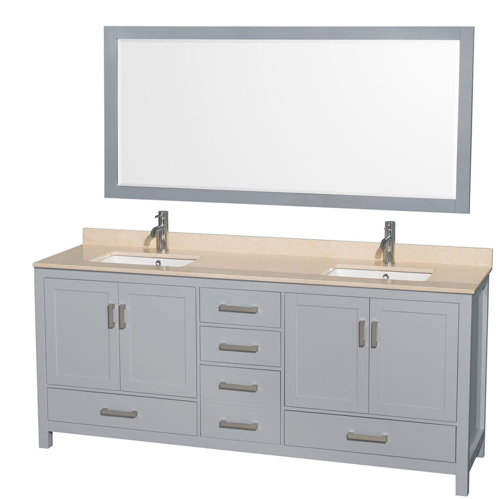Wyndham Collection Sheffield 80" Double Bathroom Vanity in Gray, Ivory Marble Countertop, Undermount Square Sinks, and 70" Mirror