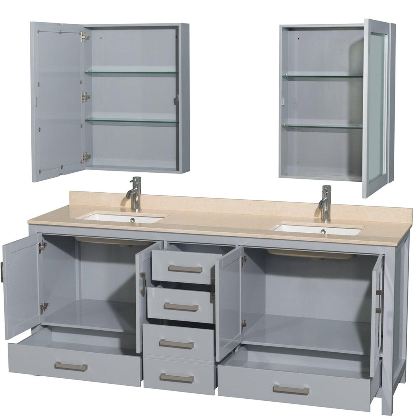 Wyndham Collection Sheffield 80" Double Bathroom Vanity in Gray, Ivory Marble Countertop, Undermount Square Sinks, and Medicine Cabinet