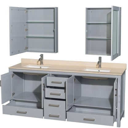 Wyndham Collection Sheffield 80" Double Bathroom Vanity in Gray, Ivory Marble Countertop, Undermount Square Sinks, and Medicine Cabinet