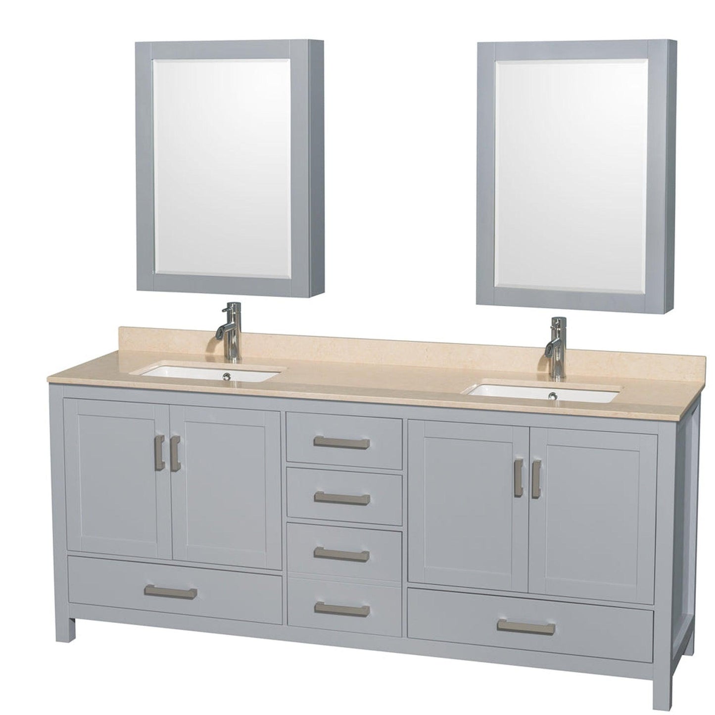 Wyndham Collection Sheffield 80" Double Bathroom Vanity in Gray, Ivory Marble Countertop, Undermount Square Sinks, and Medicine Cabinet