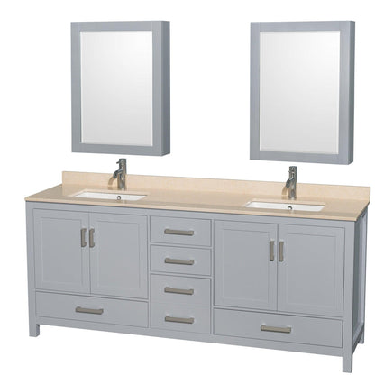 Wyndham Collection Sheffield 80" Double Bathroom Vanity in Gray, Ivory Marble Countertop, Undermount Square Sinks, and Medicine Cabinet