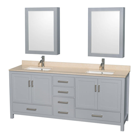 Wyndham Collection Sheffield 80" Double Bathroom Vanity in Gray, Ivory Marble Countertop, Undermount Square Sinks, and Medicine Cabinet