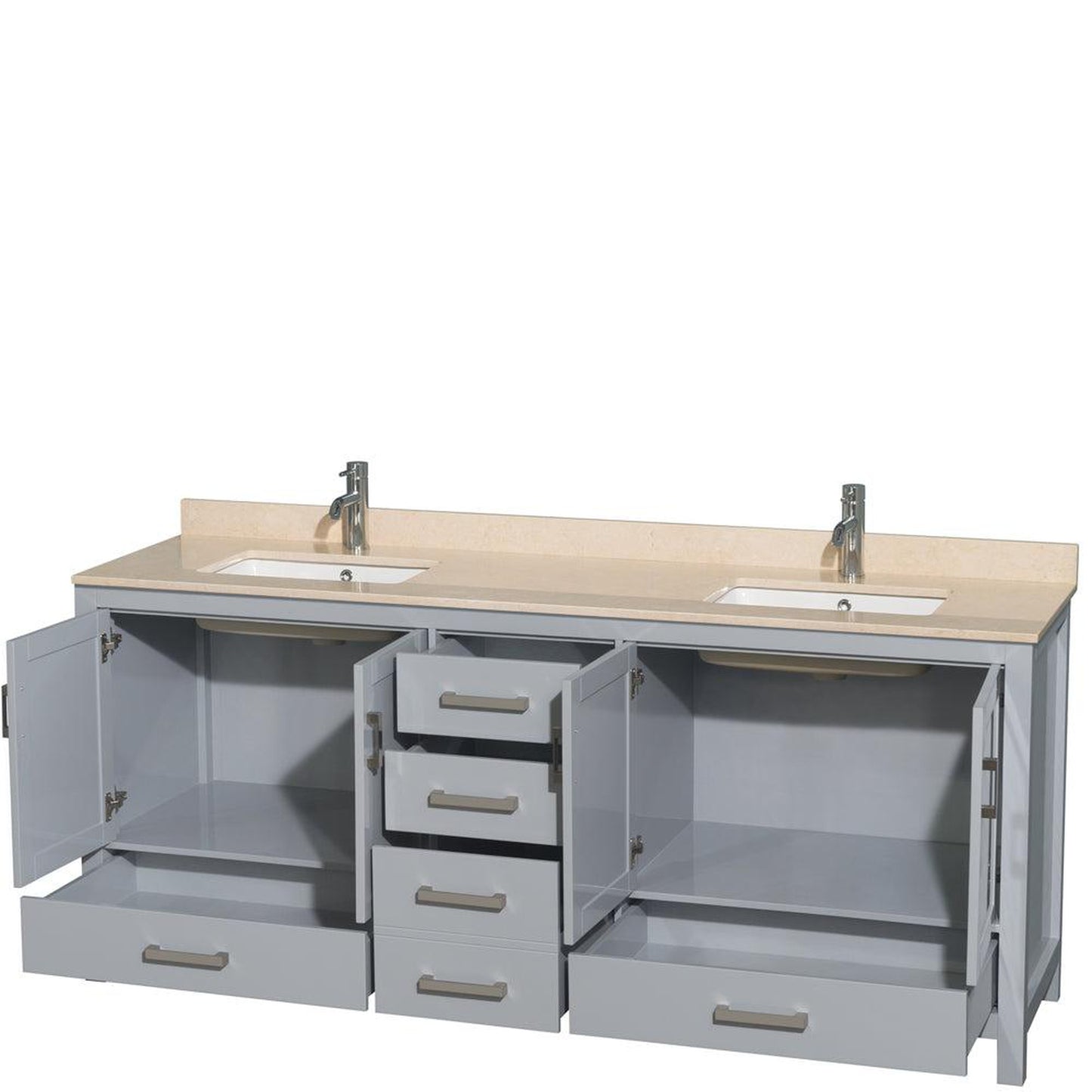 Wyndham Collection Sheffield 80" Double Bathroom Vanity in Gray, Ivory Marble Countertop, Undermount Square Sinks, and No Mirror