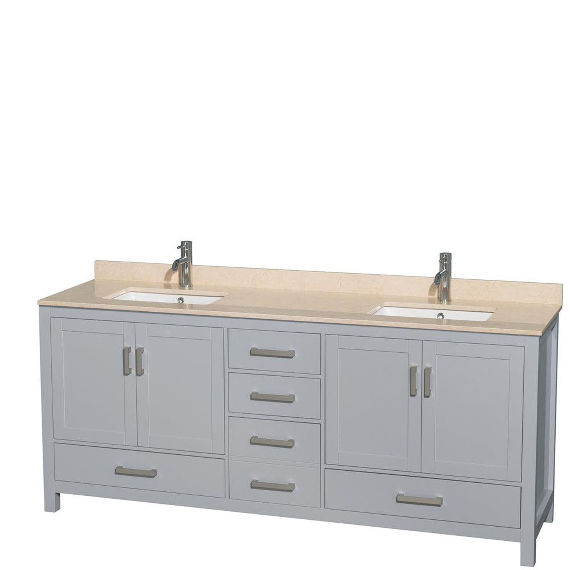 Wyndham Collection Sheffield 80" Double Bathroom Vanity in Gray, Ivory Marble Countertop, Undermount Square Sinks, and No Mirror