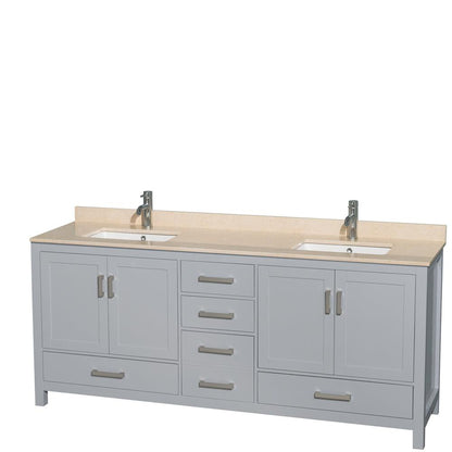 Wyndham Collection Sheffield 80" Double Bathroom Vanity in Gray, Ivory Marble Countertop, Undermount Square Sinks, and No Mirror