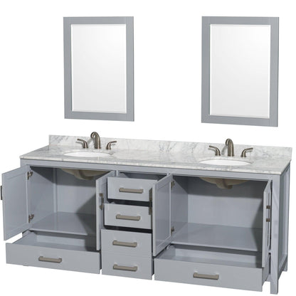 Wyndham Collection Sheffield 80" Double Bathroom Vanity in Gray, White Carrara Marble Countertop, Undermount Oval Sinks, and 24" Mirror