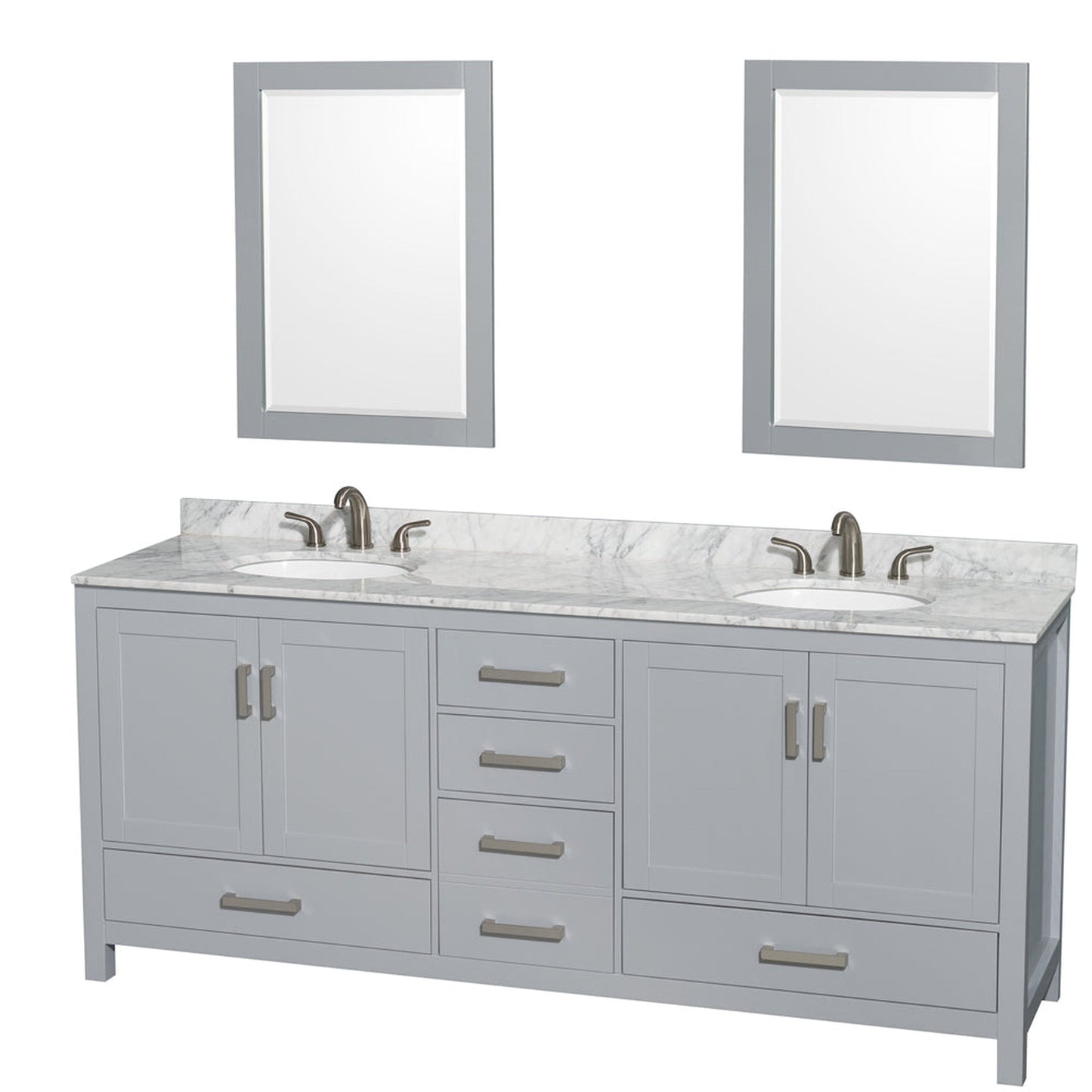 Wyndham Collection Sheffield 80" Double Bathroom Vanity in Gray, White Carrara Marble Countertop, Undermount Oval Sinks, and 24" Mirror