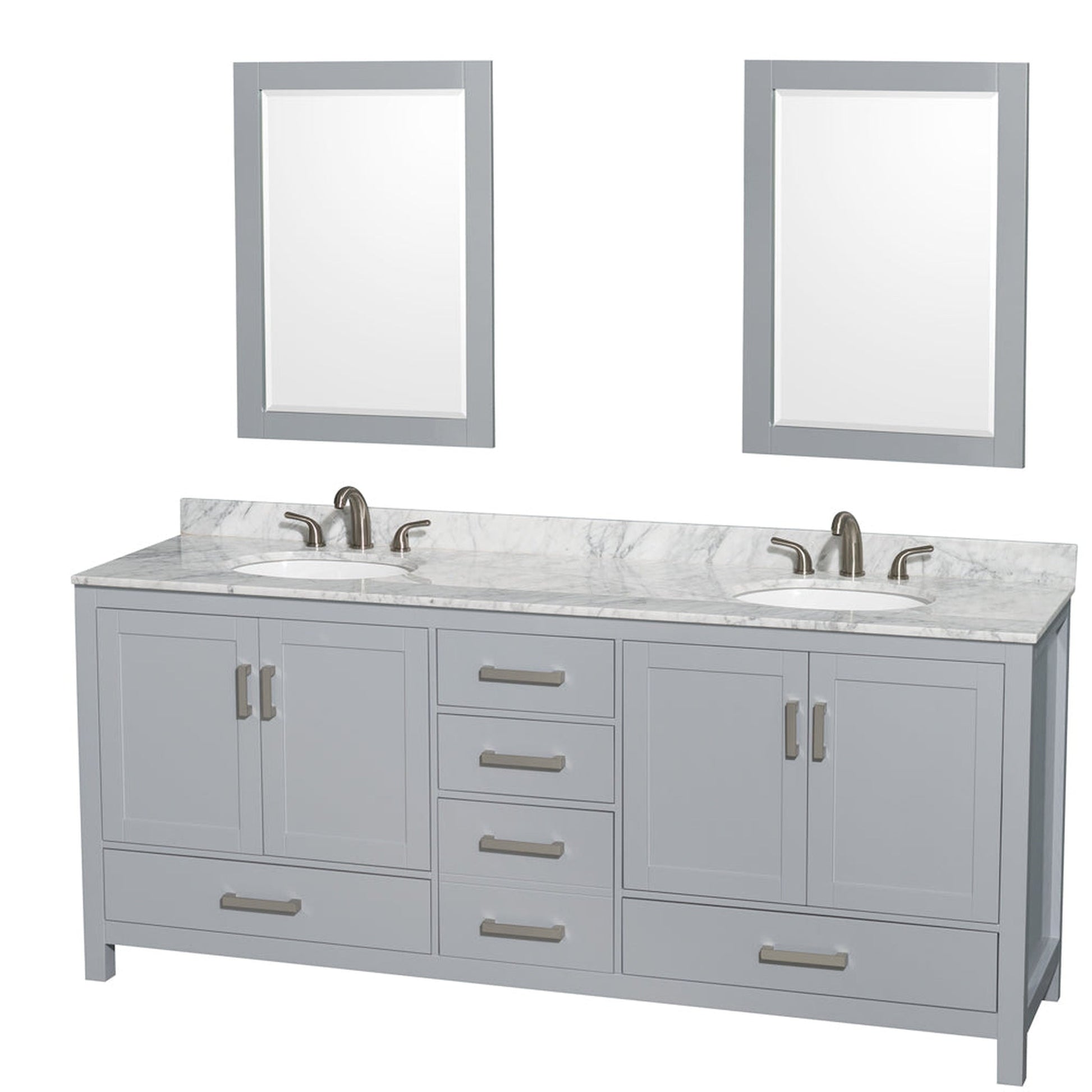 Wyndham Collection Sheffield 80" Double Bathroom Vanity in Gray, White Carrara Marble Countertop, Undermount Oval Sinks, and 24" Mirror