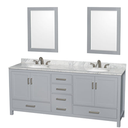 Wyndham Collection Sheffield 80" Double Bathroom Vanity in Gray, White Carrara Marble Countertop, Undermount Oval Sinks, and 24" Mirror