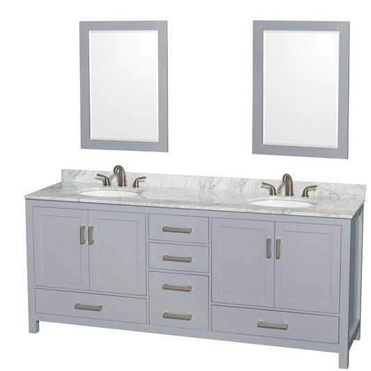 Wyndham Collection Sheffield 80" Double Bathroom Vanity in Gray, White Carrara Marble Countertop, Undermount Oval Sinks, and 24" Mirror