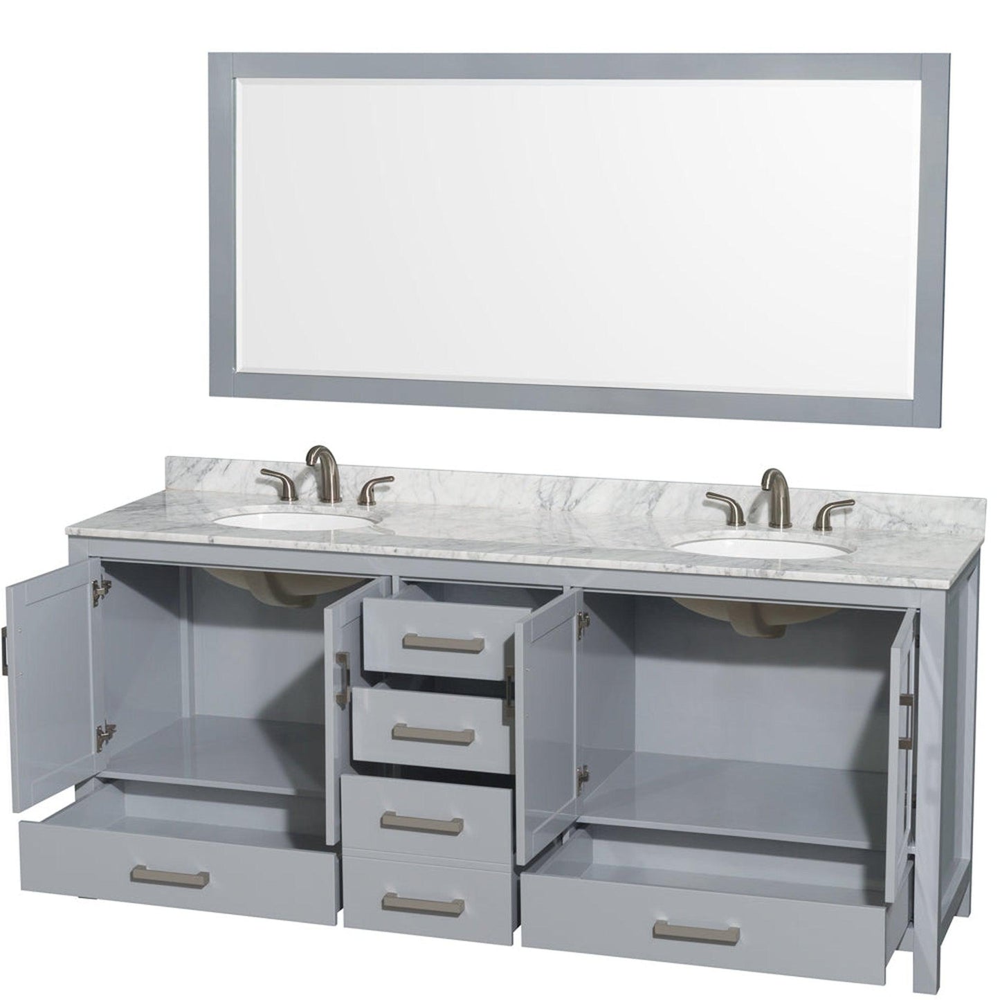 Wyndham Collection Sheffield 80" Double Bathroom Vanity in Gray, White Carrara Marble Countertop, Undermount Oval Sinks, and 70" Mirror