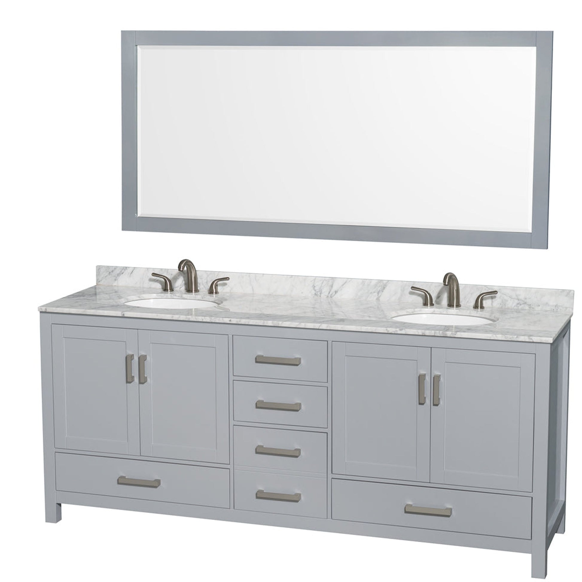Wyndham Collection Sheffield 80" Double Bathroom Vanity in Gray, White Carrara Marble Countertop, Undermount Oval Sinks, and 70" Mirror