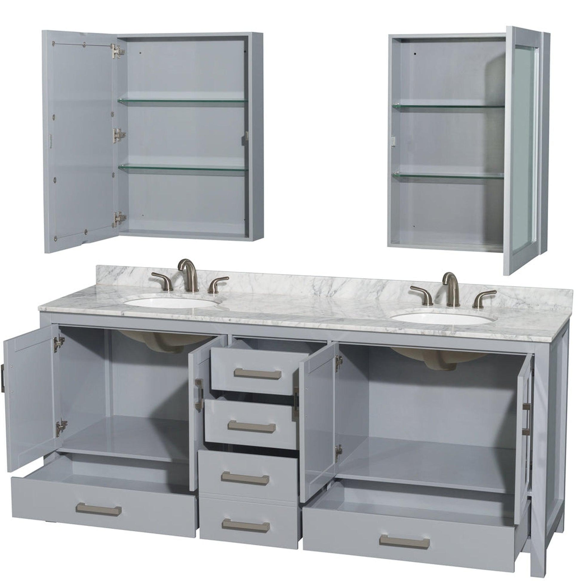 Wyndham Collection Sheffield 80" Double Bathroom Vanity in Gray, White Carrara Marble Countertop, Undermount Oval Sinks, and Medicine Cabinet