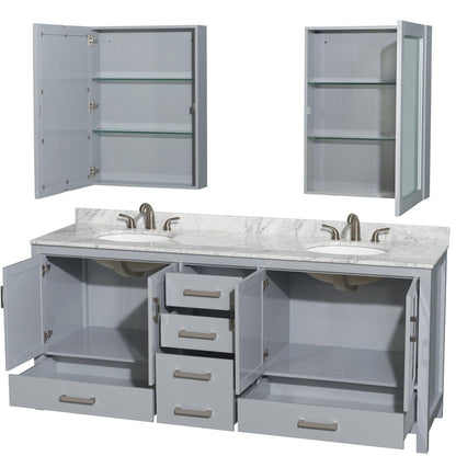 Wyndham Collection Sheffield 80" Double Bathroom Vanity in Gray, White Carrara Marble Countertop, Undermount Oval Sinks, and Medicine Cabinet