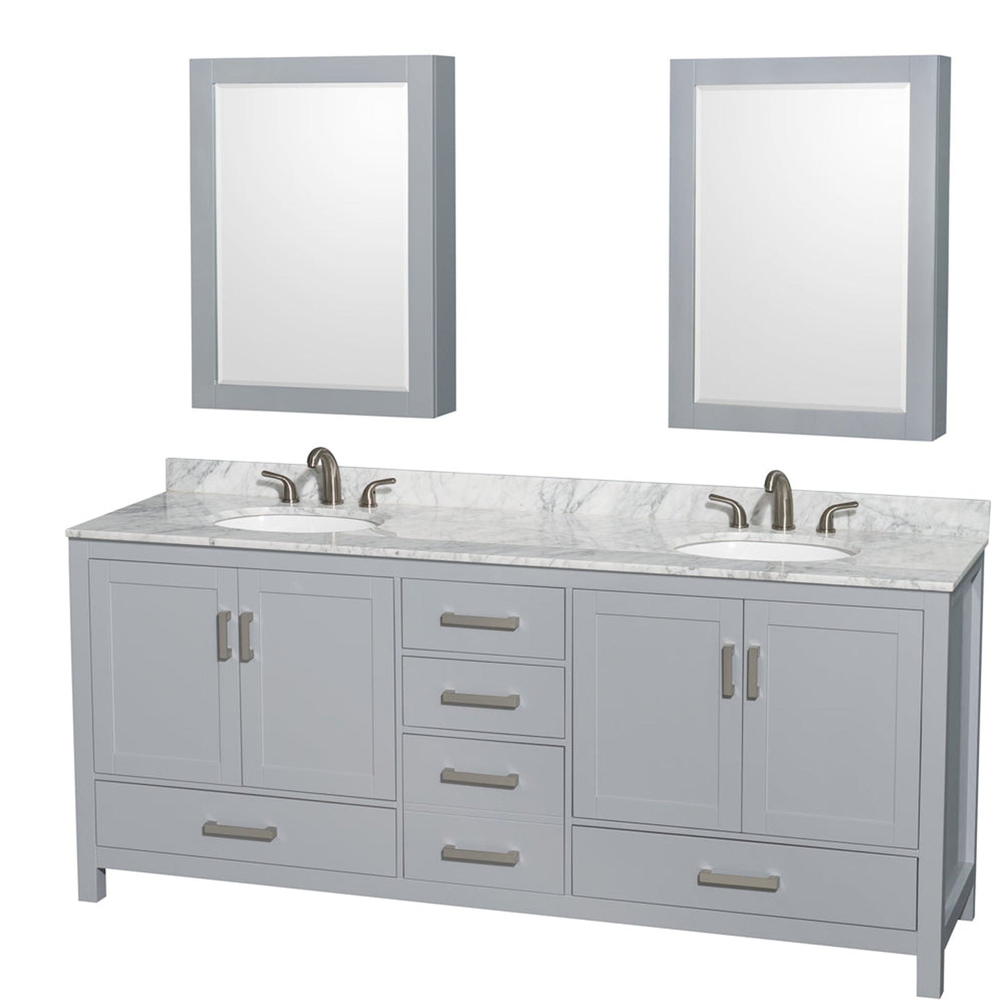 Wyndham Collection Sheffield 80" Double Bathroom Vanity in Gray, White Carrara Marble Countertop, Undermount Oval Sinks, and Medicine Cabinet