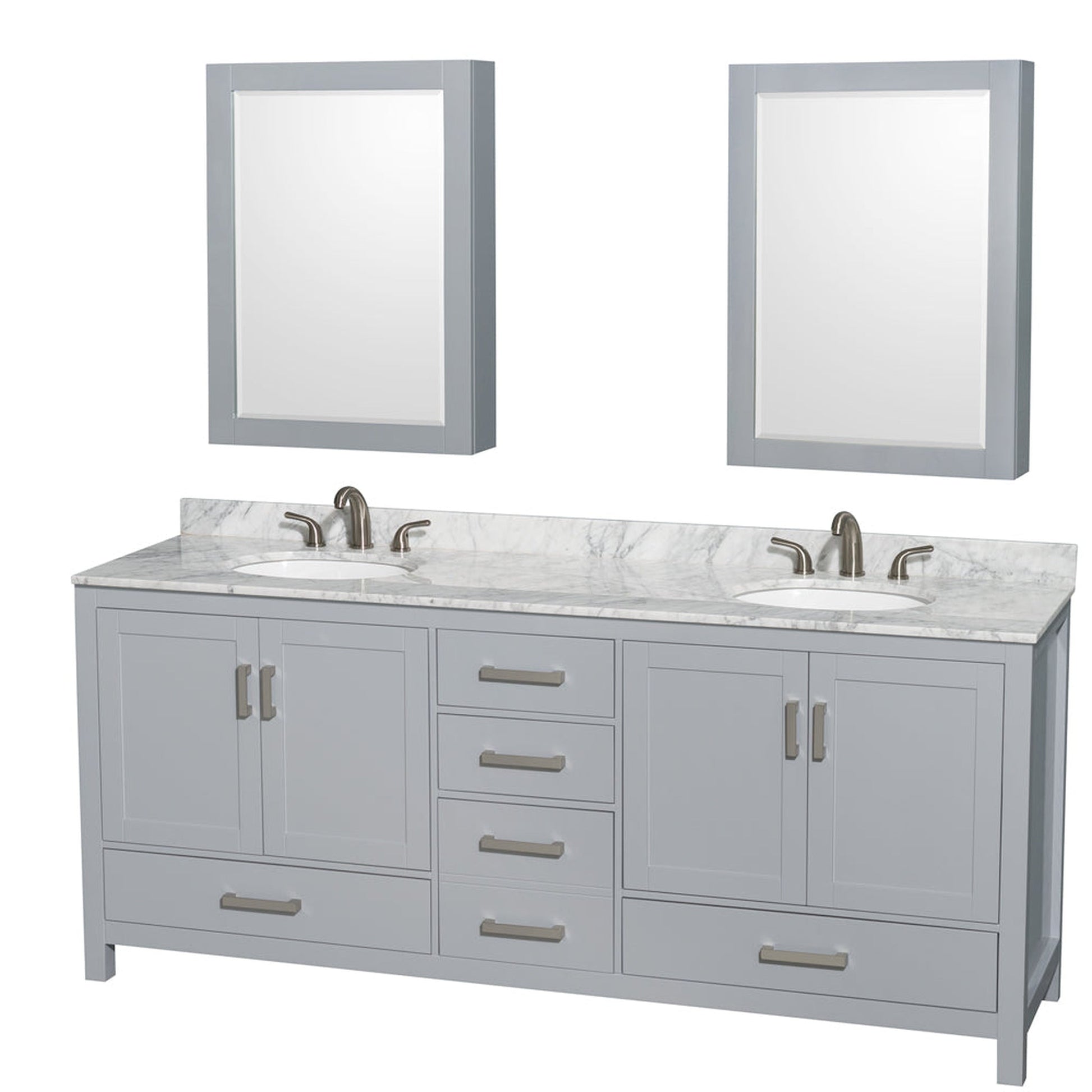 Wyndham Collection Sheffield 80" Double Bathroom Vanity in Gray, White Carrara Marble Countertop, Undermount Oval Sinks, and Medicine Cabinet