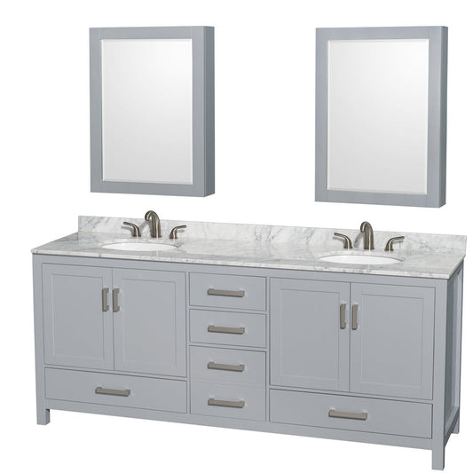 Wyndham Collection Sheffield 80" Double Bathroom Vanity in Gray, White Carrara Marble Countertop, Undermount Oval Sinks, and Medicine Cabinet