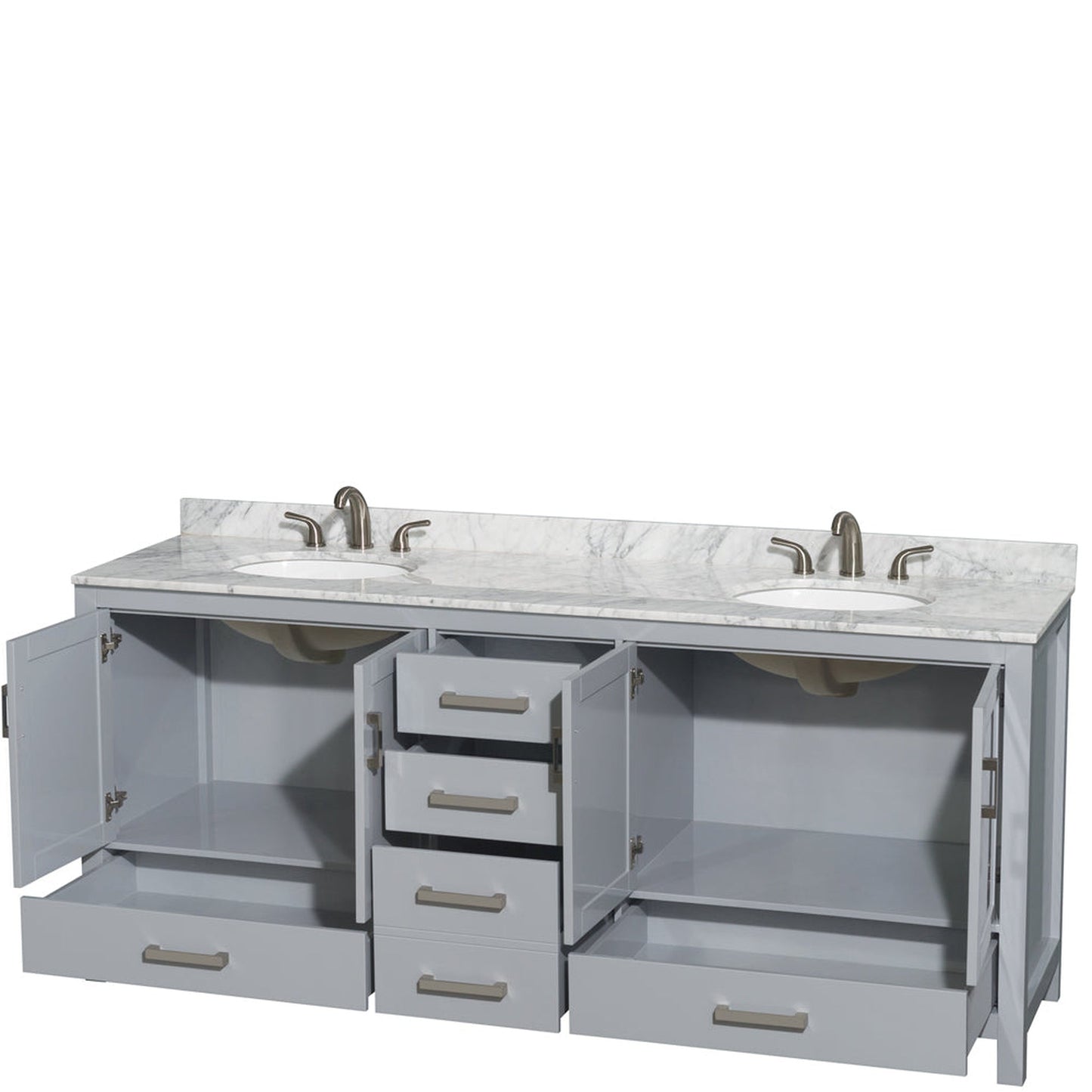 Wyndham Collection Sheffield 80" Double Bathroom Vanity in Gray, White Carrara Marble Countertop, Undermount Oval Sinks, and No Mirror