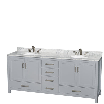 Wyndham Collection Sheffield 80" Double Bathroom Vanity in Gray, White Carrara Marble Countertop, Undermount Oval Sinks, and No Mirror