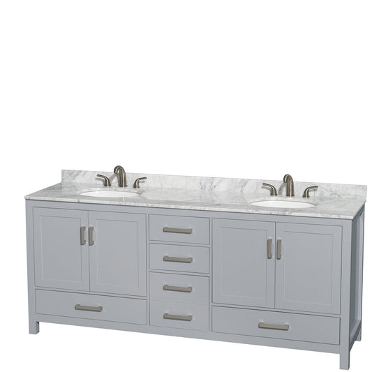 Wyndham Collection Sheffield 80" Double Bathroom Vanity in Gray, White Carrara Marble Countertop, Undermount Oval Sinks, and No Mirror