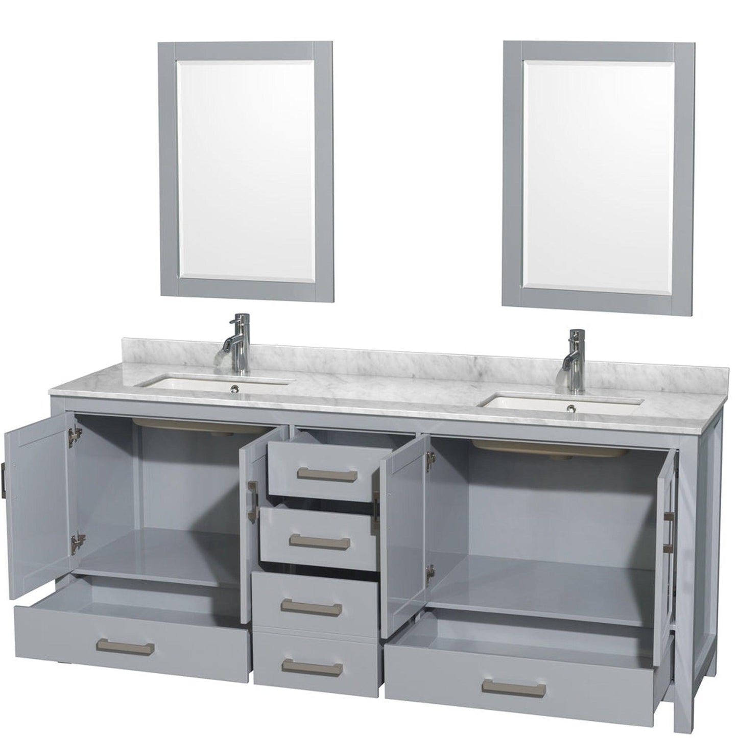 Wyndham Collection Sheffield 80" Double Bathroom Vanity in Gray, White Carrara Marble Countertop, Undermount Square Sinks, and 24" Mirror
